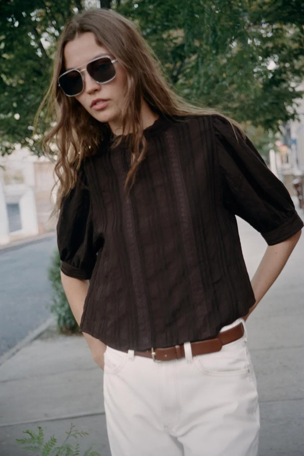 Романтическая кружевная рубашка ZARA, Dark brown — фото 2