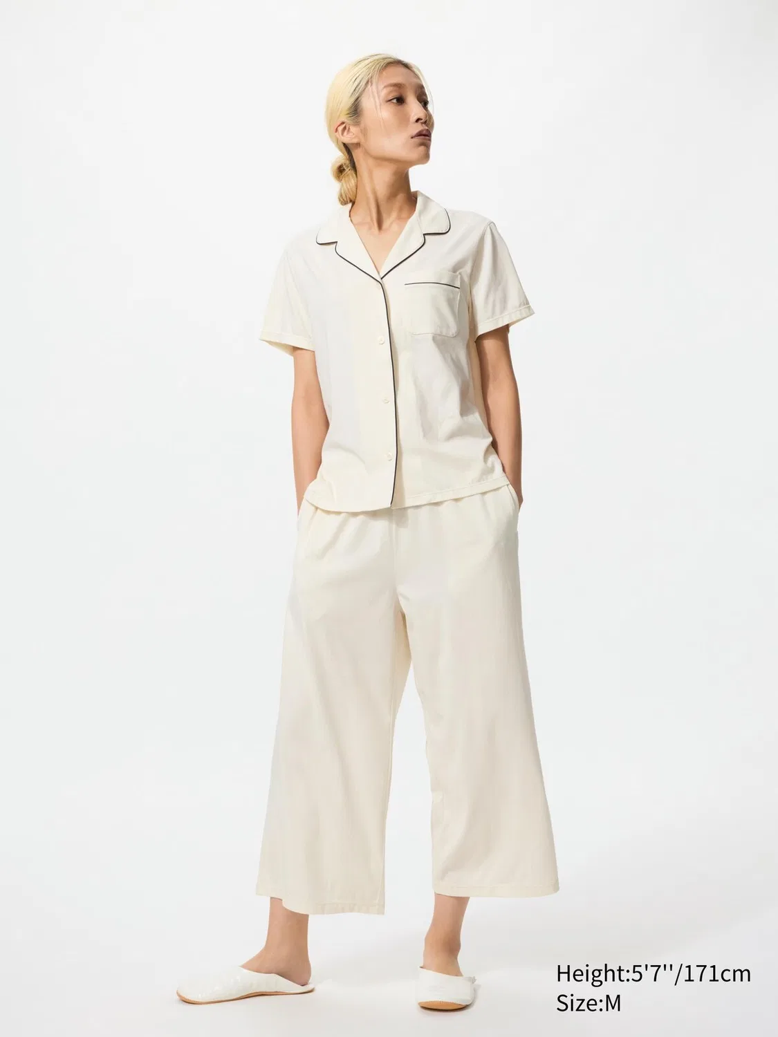 Хлопковая пижама Uniqlo Airism, короткий рукав и шорты 3/4, кремовый