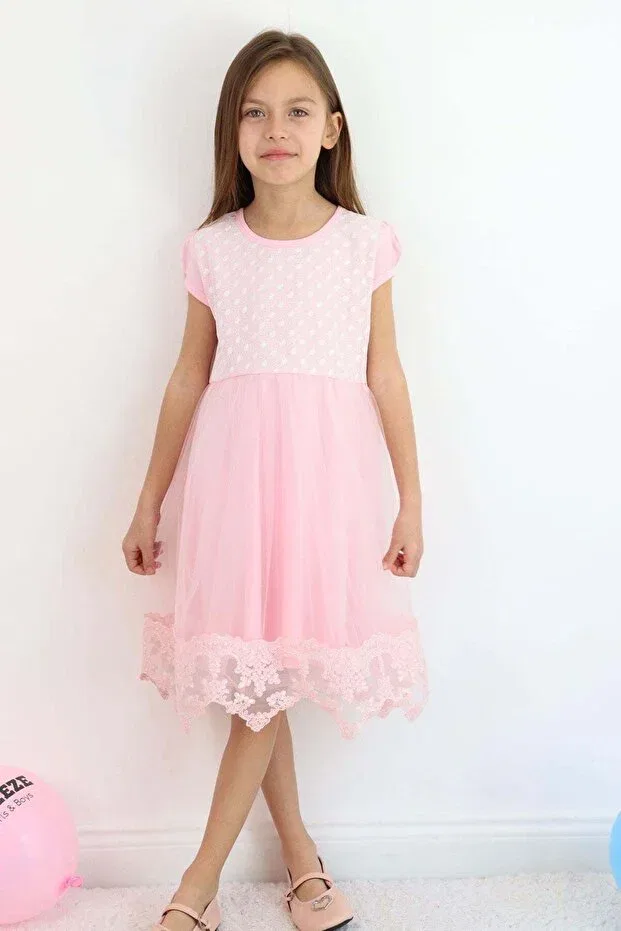 Детское платье для девочек с принтом Vintage Lace Detailed Tulle Floral Patterned Dress Breeze, Pink — фото 3