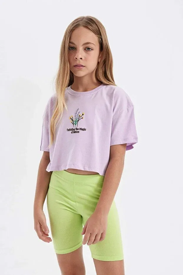 Детская футболка для девочек с принтом Crop Crew Neck Floral Short Sleeve T-Shirt Girl Child Defacto, Purple-Pr143 — фото 3