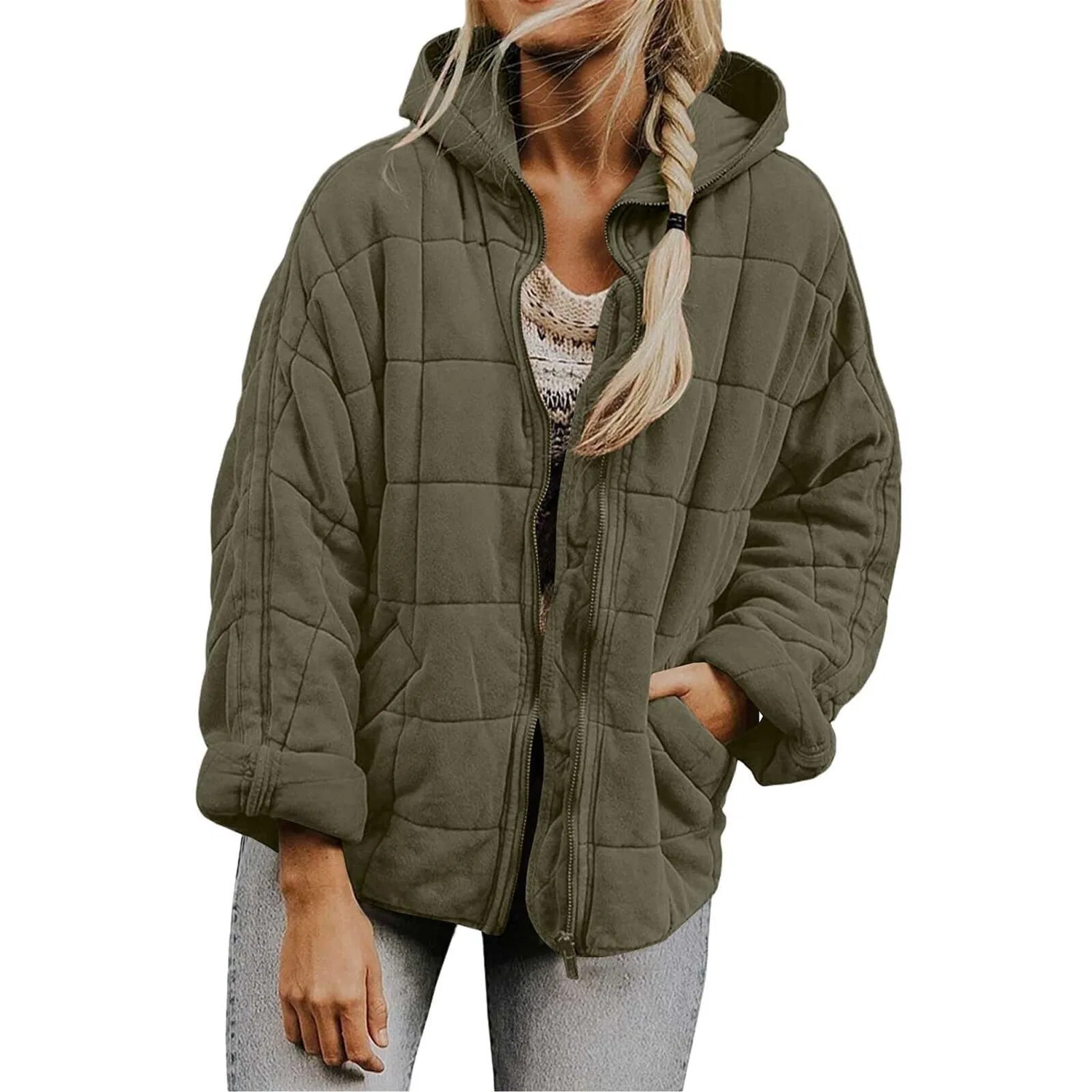 Женская легкая стеганая куртка oversize с длинным рукавом, Verde-1