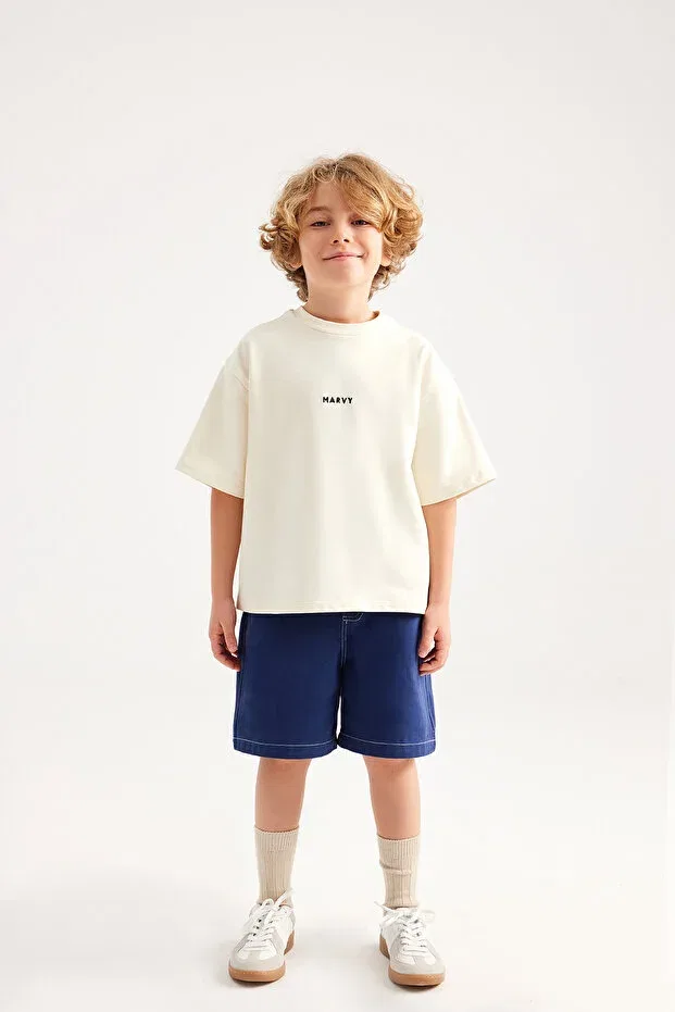 Детская футболка хлопковая Embroidery Detailed Oversize Tshirt Marvy, Ecru — фото 4