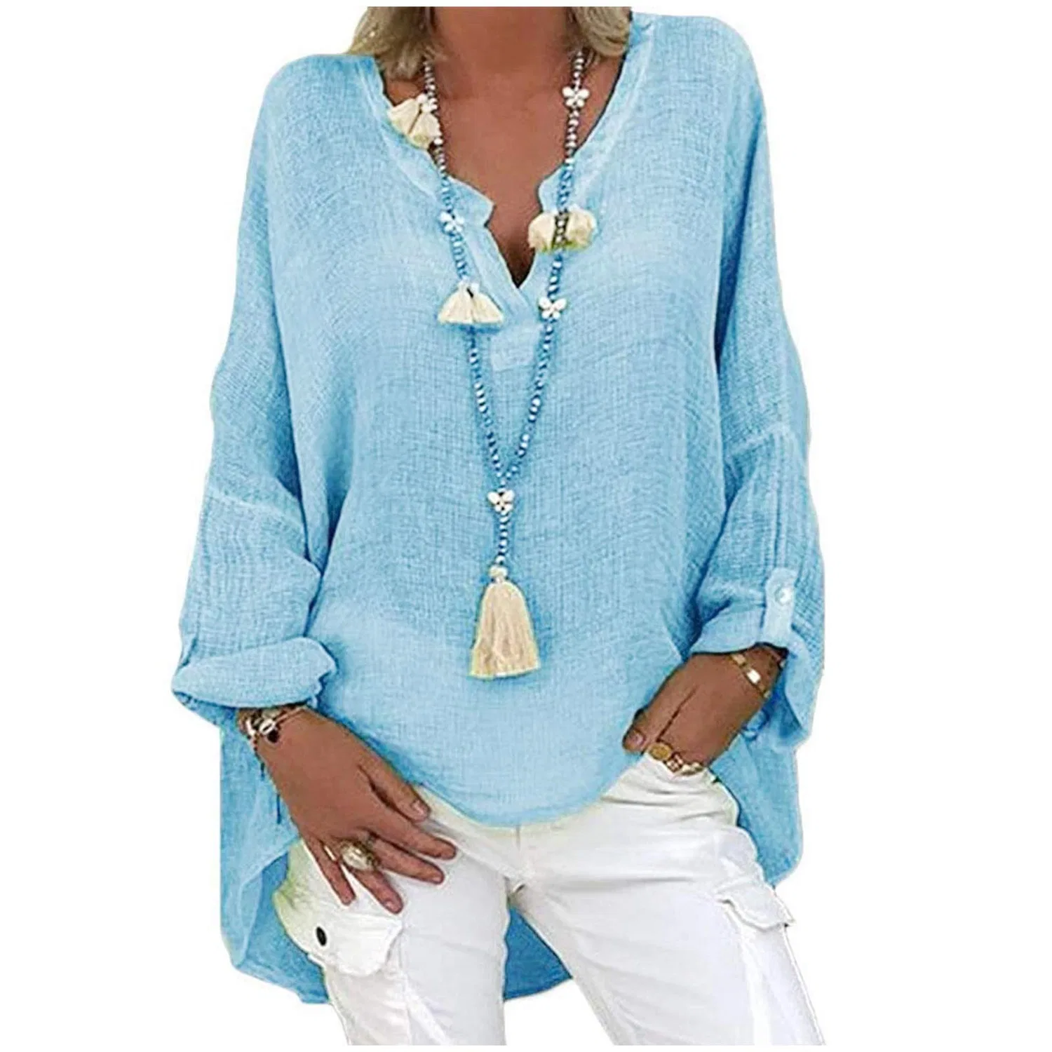 Женская льняная туника с длинным рукавом Oversized Loose T-Shirts, Blue