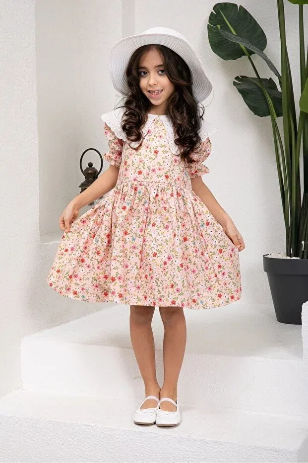 Детское платье для девочек хлопковое Vintage Scallop Collar Powder Floor Colored Floral Küçüğüm Butik, Powder