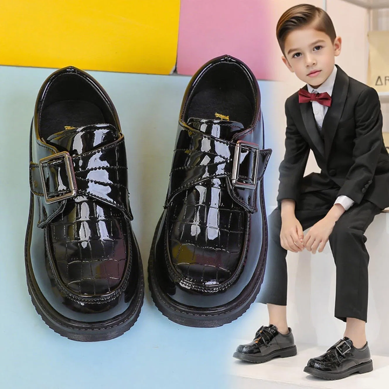 Детские оксфорды из лаковой кожи с ретро-дизайном kkdom, Patent Leather Black — фото 2