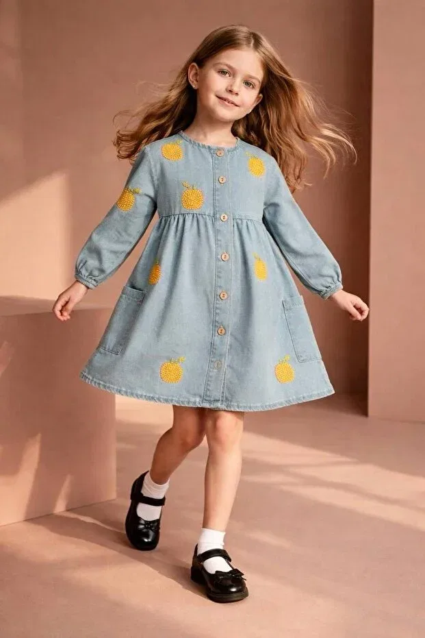 Детское платье из денима с вышивкой для девочек Fruit Embroidered Denim Girls' Loose Dress Alvadonna, Blue