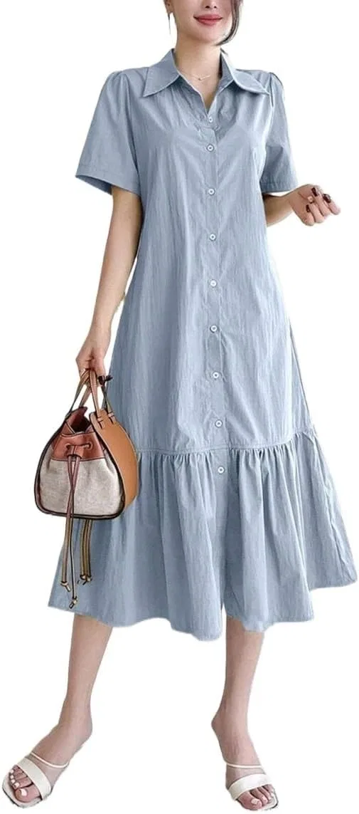 Женское платье с воротником и воланами Summer Loose Fit, Blue
