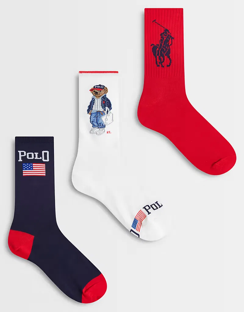 Набор из 3 пар носков Polo Ralph Lauren с изображением медведя в подарочной коробке, темно-синий, белый и, красныйцветов