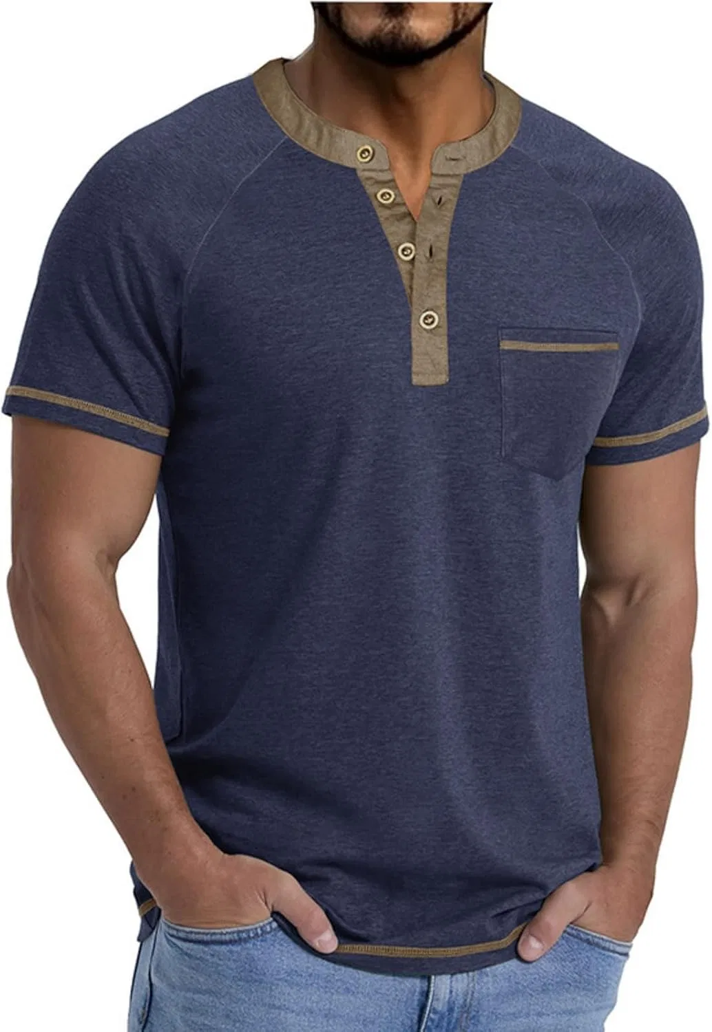 Мужская футболка с контрастным воротом и карманом, Dark Blue