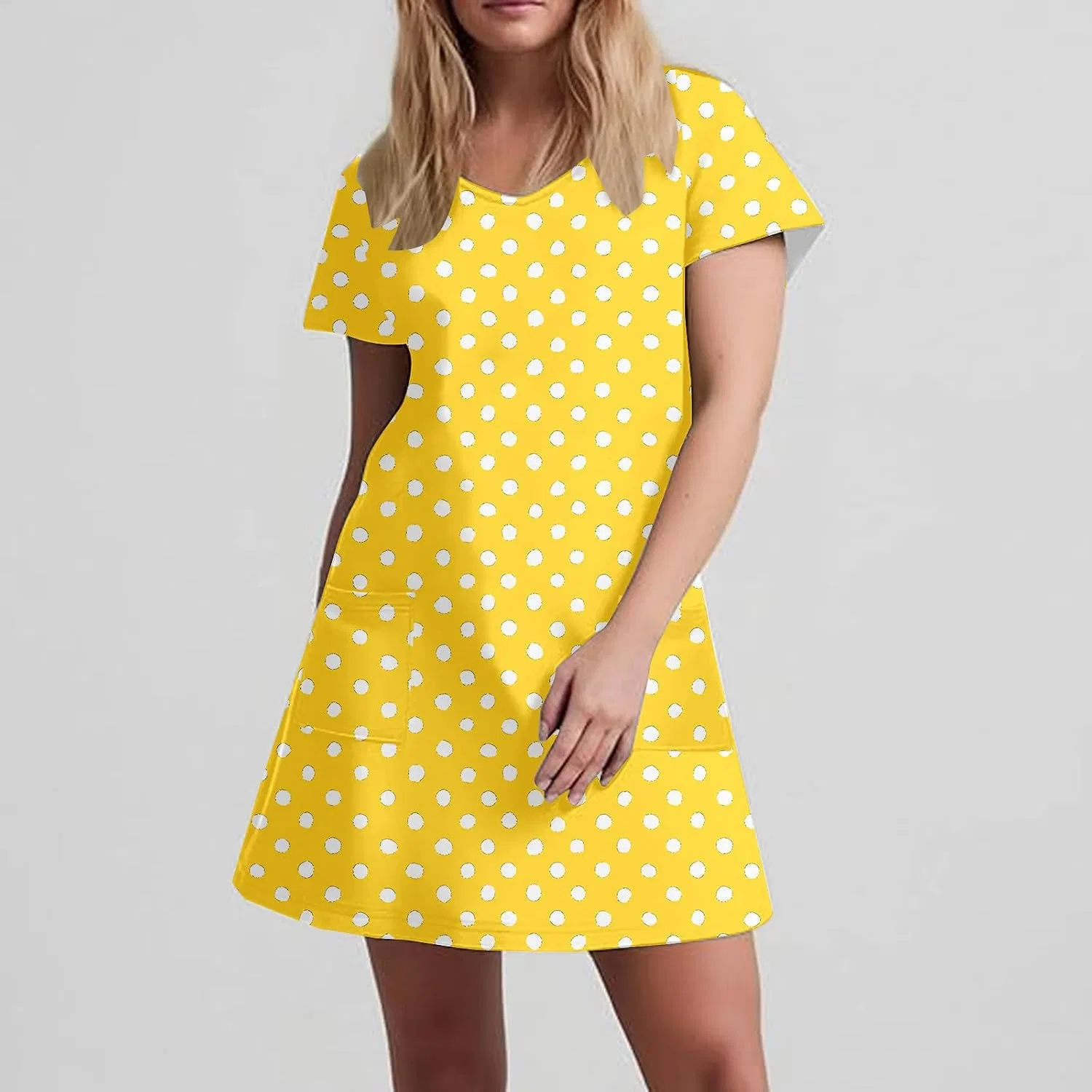Женское мини-платье в горошек с коротким рукавом, Yellow — фото 2