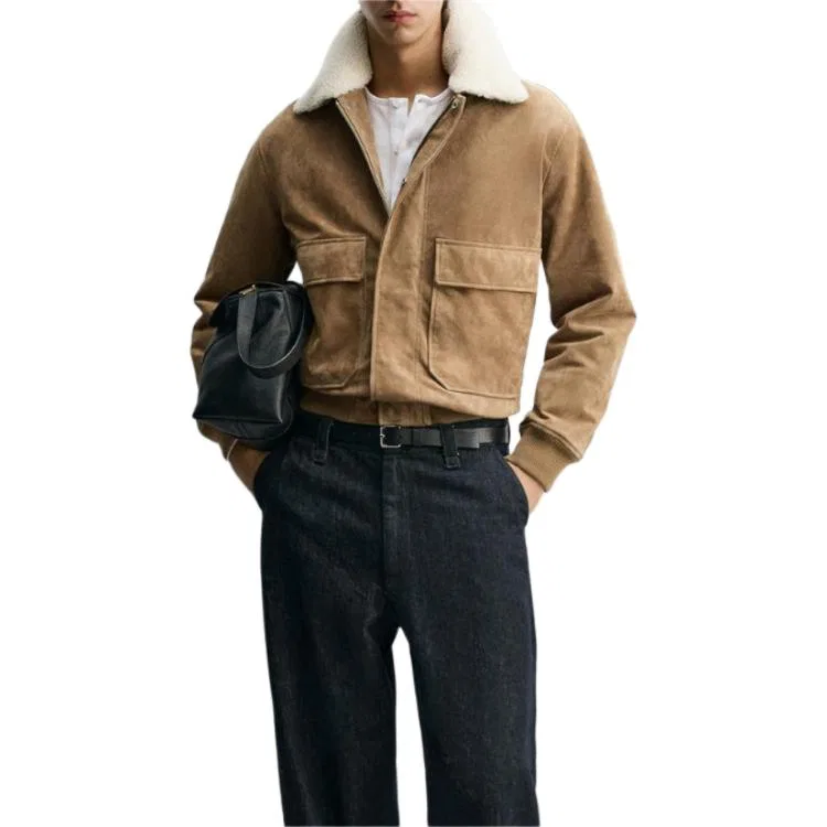 Мужская куртка-пуховик с меховым воротником и флисовой подкладкой, Beige, ZARA — фото 4