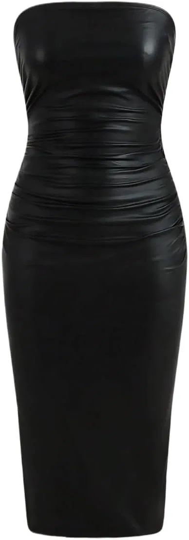 Женское миди-платье с разрезом на бедре PU Leather, Black