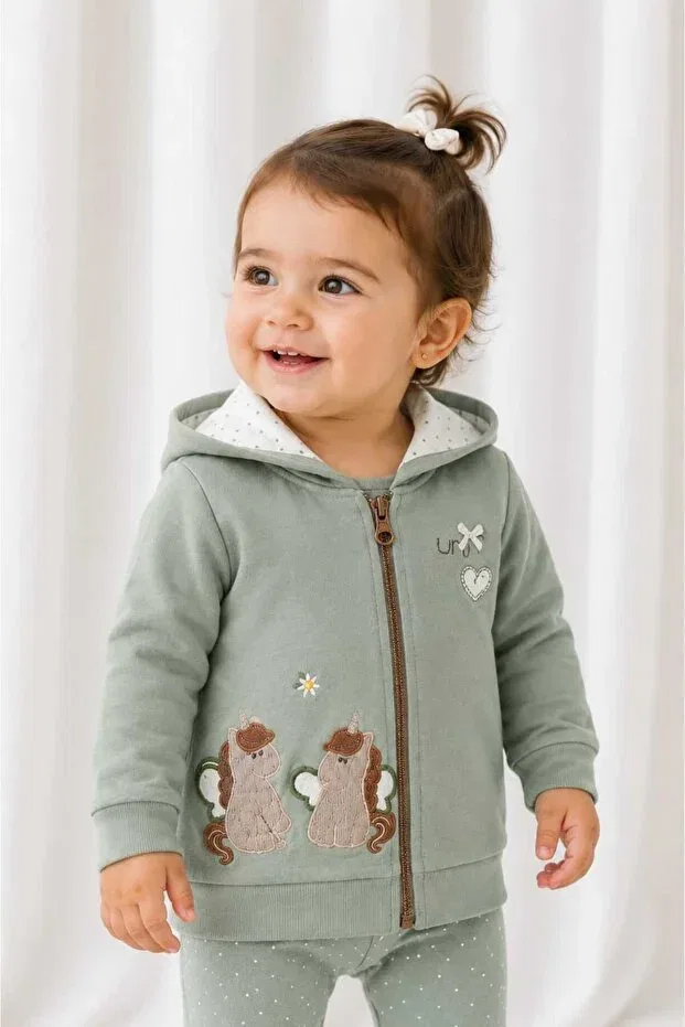 Детский кардиган для девочек с вышивкой Unicorn Embroidered Hooded Nili, Green