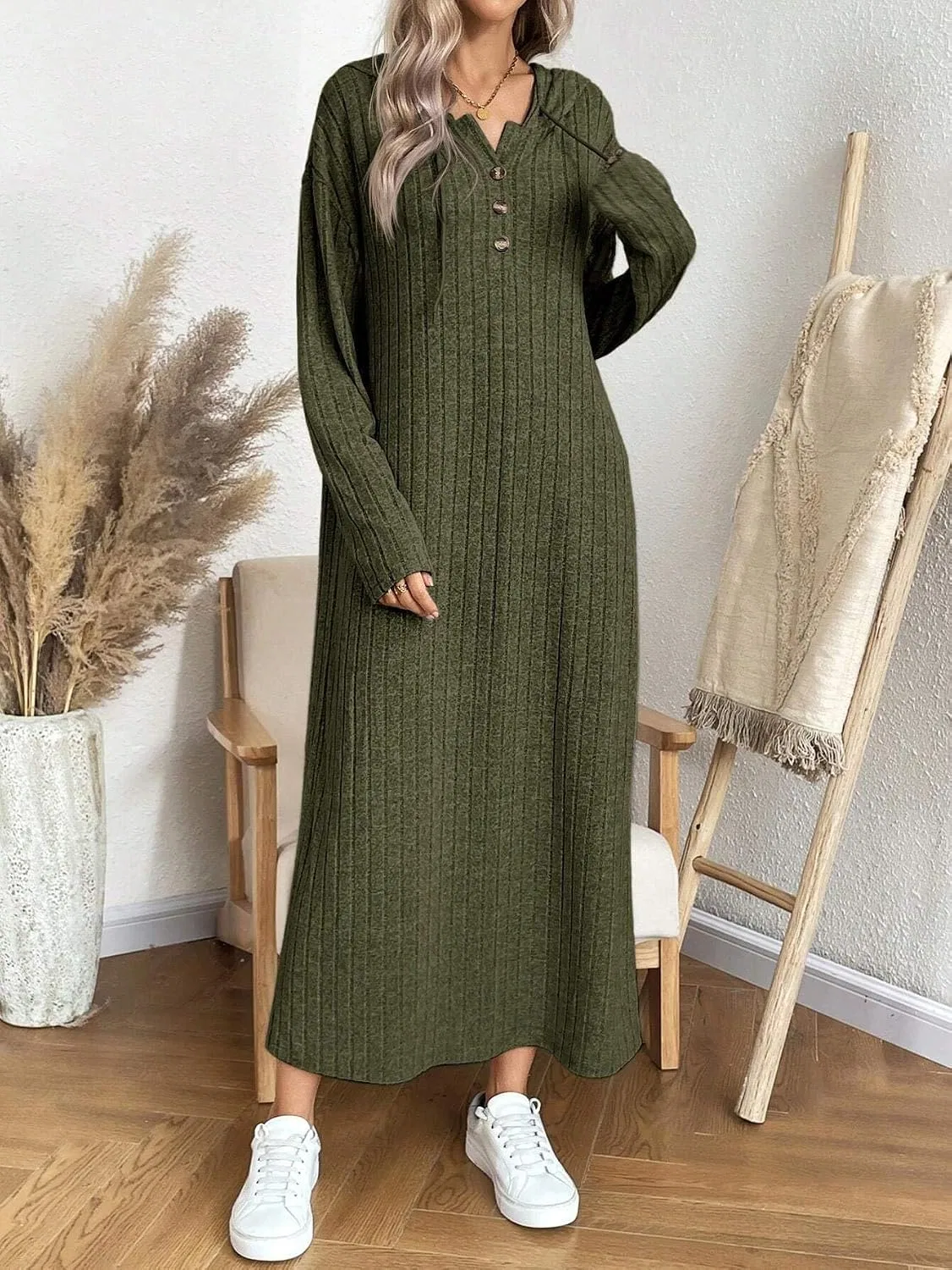 Женское повседневное платье с капюшоном Drop Shoulder, Army Green — фото 3