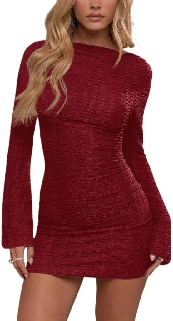 Женское облегающее мини-платье с длинным рукавом Bodycon, Red