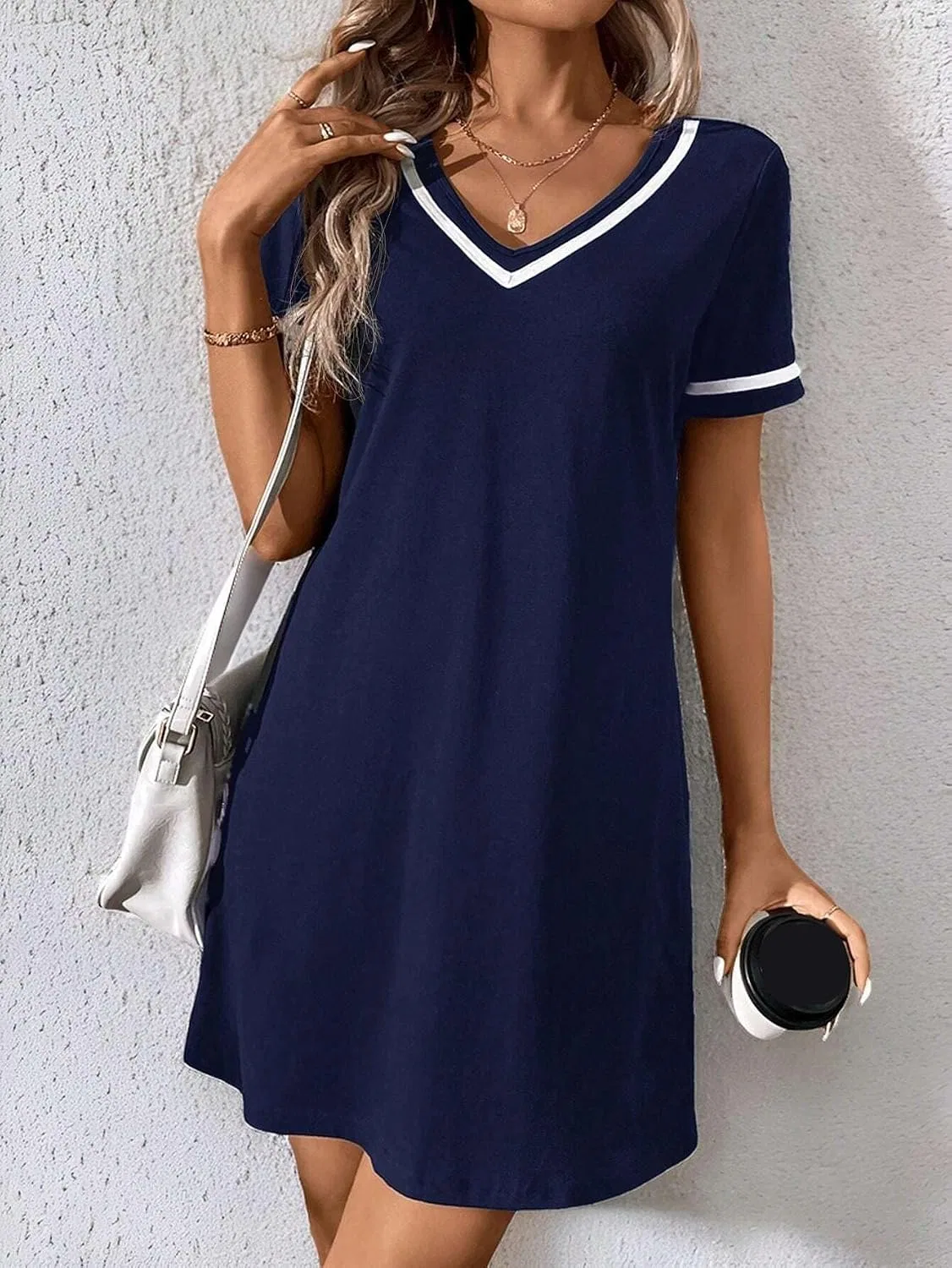 Женское повседневное платье с V-образным вырезом и колорблок, Navy Blue — фото 3