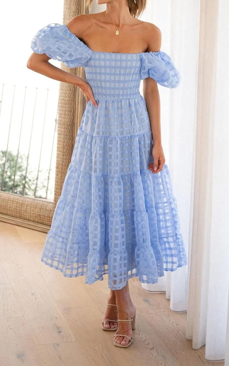 Женское платье-миди с открытыми плечами, с принтом, Off Shoulder Short Puff Sleeve Mesh Dress — фото 3
