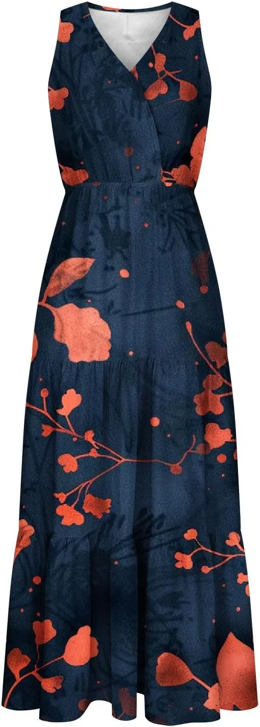 Женское повседневное платье макси с V-образным вырезом, Black/Blue — фото 3