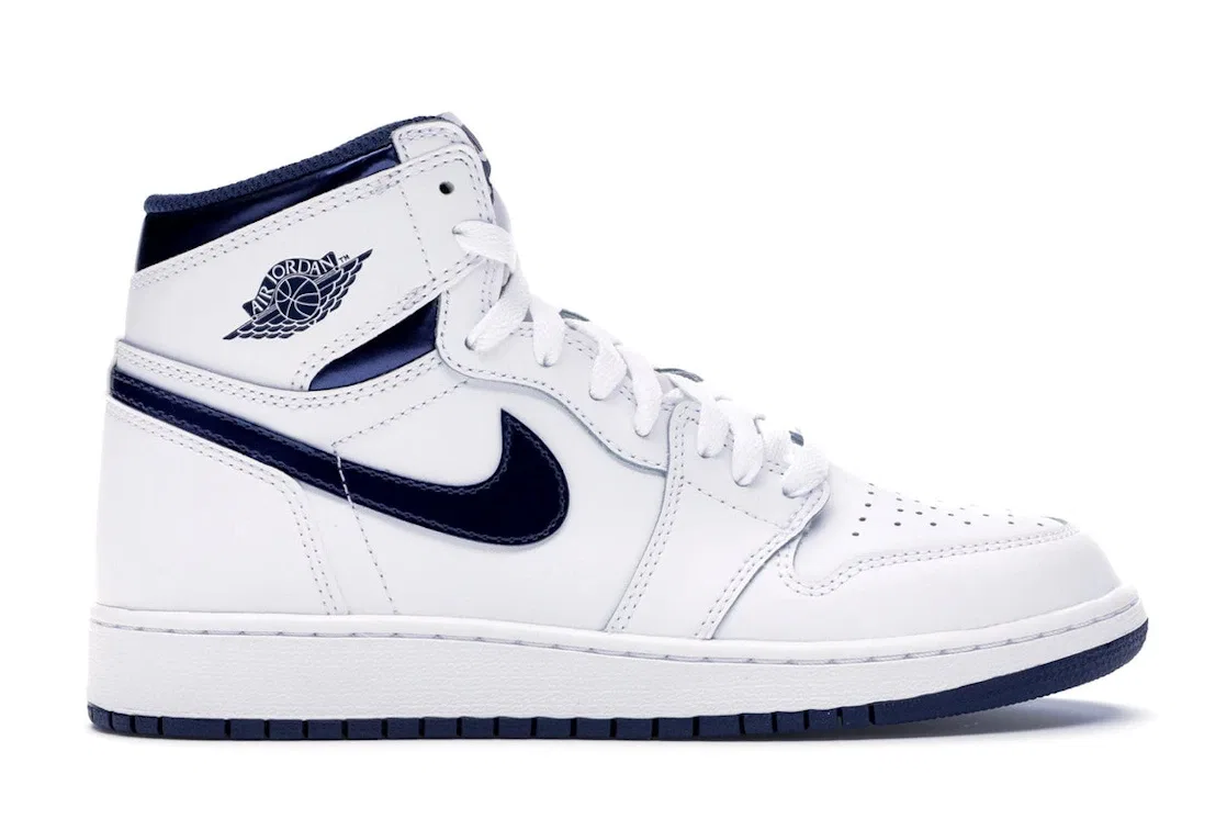 Детские кроссовки с высоким верхом Jordan 1 Retro Jordan, White/Metallic Navy