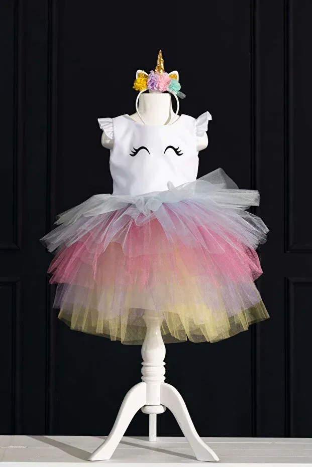 Детское платье для девочек с принтом Unicorn Eyelashes Yağmur Kostütüm, White