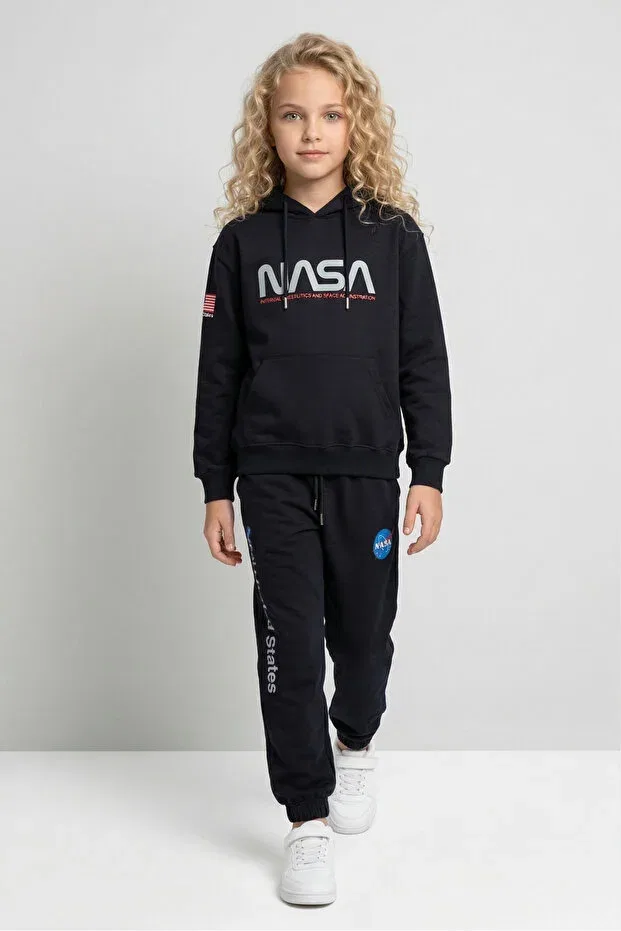 Детский спортивный комплект для девочек с принтом, с капюшоном, Black One, Navy Blue — фото 3