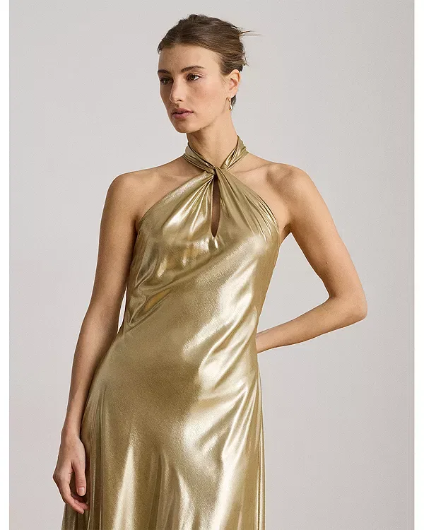 Женское платье-макси с пайетками Metallic Chiffon Halter Gown Ralph Lauren, Tan/Light Gold — фото 2