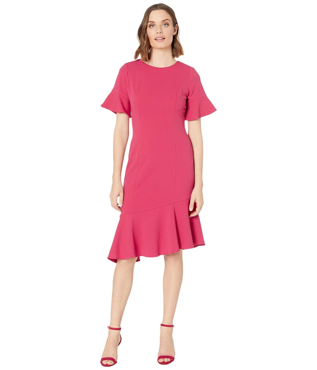 

Платье Adrianna Papell, Knit Crepe Ruffle Midi Dress w/ Bell Sleeve