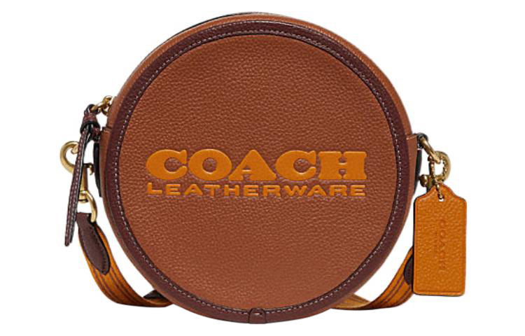

COACH Кожаная круглая сумка Kia через плечо кроссбоди женская седловая коричневая разноцветная