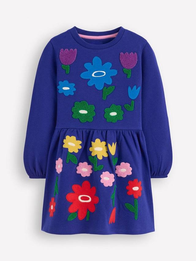 

Детское платье с длинными рукавами и цветочной аппликацией из хлопка Mini Boden, Blue Flowers