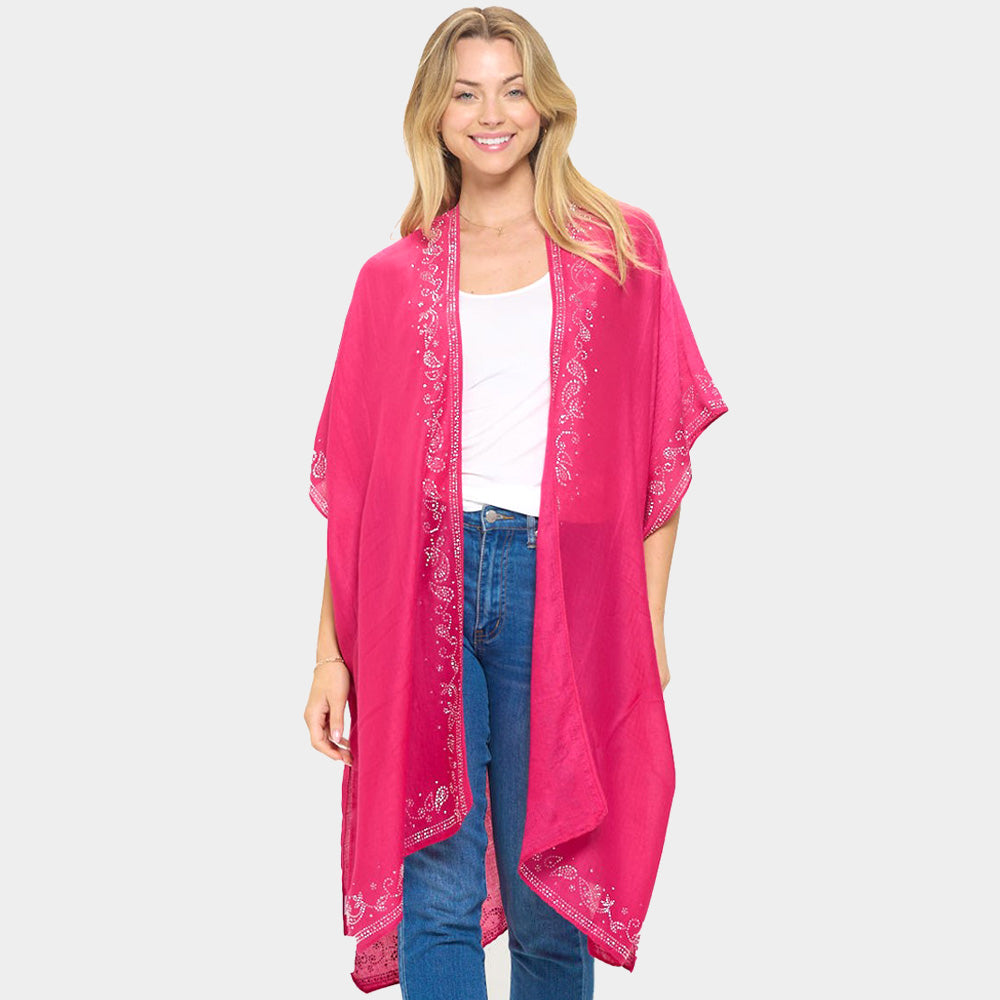 

Блестящая пончо-кимоно с заостренными краями и узором из листьев со стразами TRUEDAMES, фуксия/серебряный