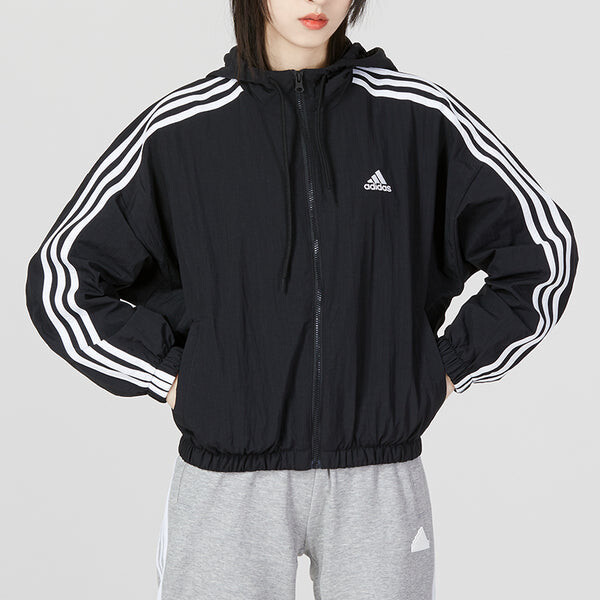 Куртка Essentials 3 полоски тканая ветровка азиатские размеры Adidas, черный — фото 3