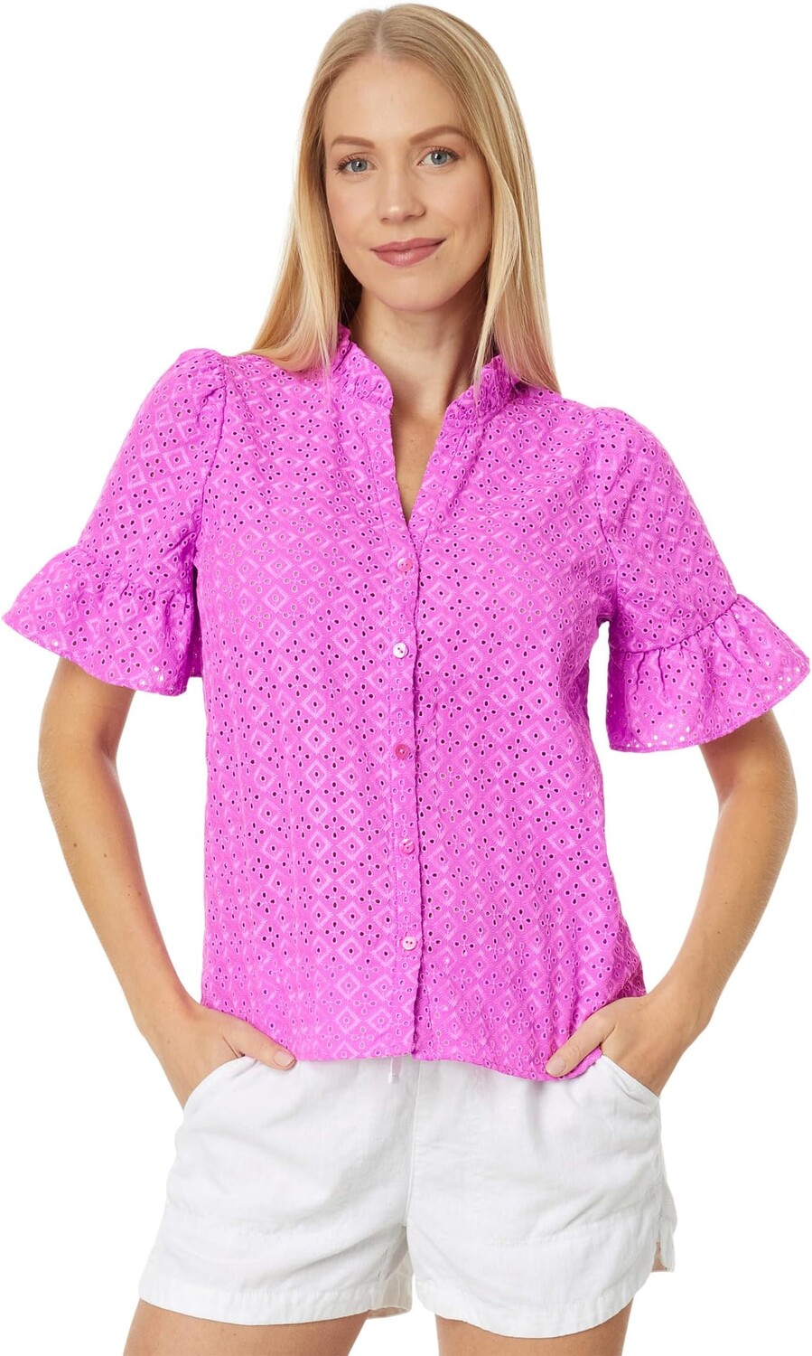 

Рубашка на пуговицах с люверсами Calynn Lilly Pulitzer, цвет Wild Fuchsia Ditsy Diamond Poly Eyelet