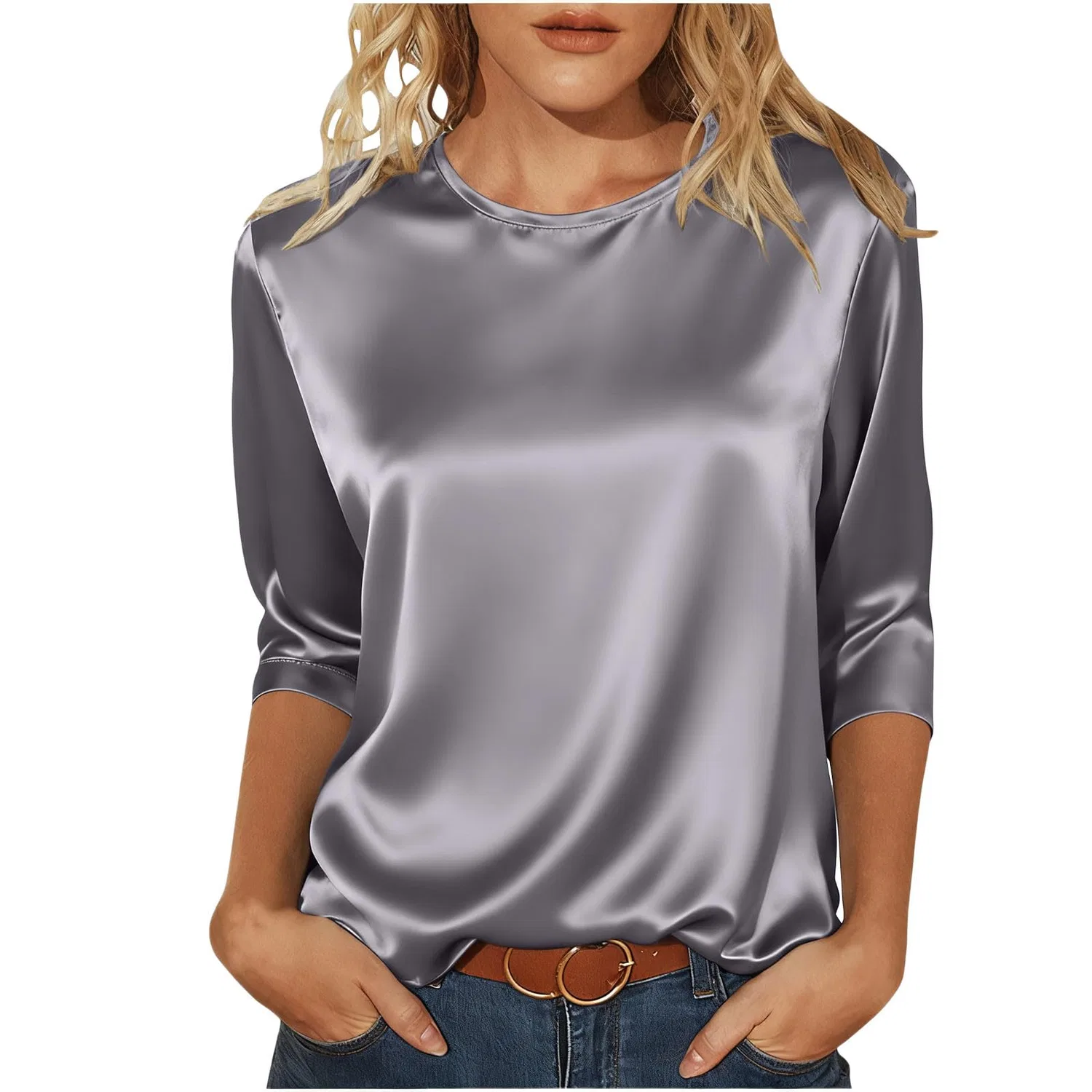 Женская блузка из атласа с длинным рукавом, Grey