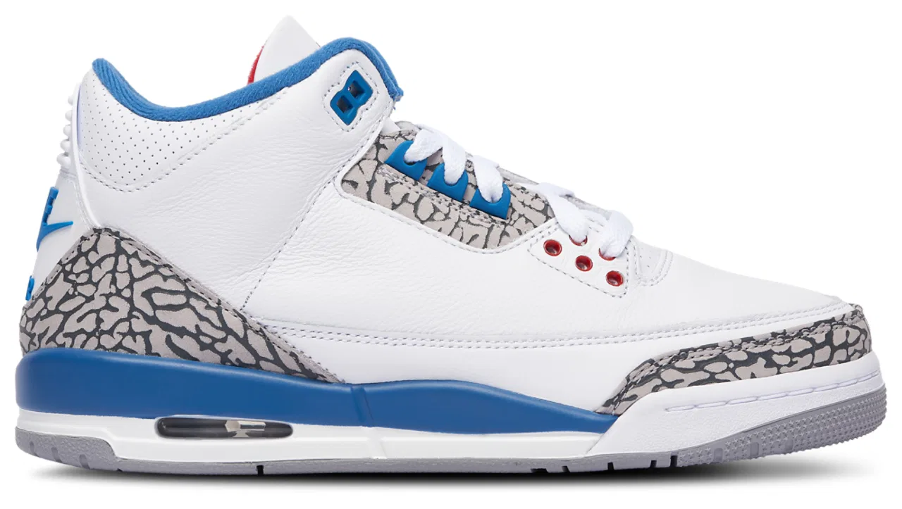 Детские баскетбольные кроссовки для мальчиков с кожаным верхом Jordan Retro 3 Jordan, White Varsity Red True Blue