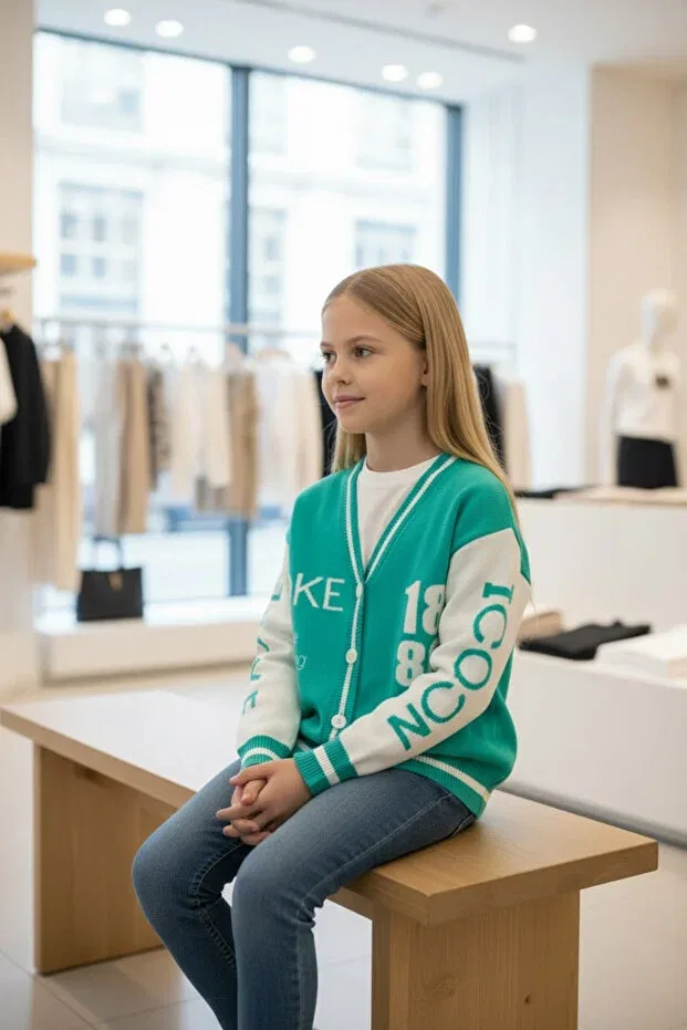 Детский кардиган для девочек с принтом Written Letter Girl, Minimoda Kids, Mint — фото 2