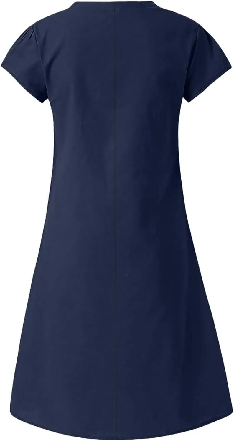 Женское повседневное платье миди с V-образным вырезом Cotton Linen, Navy — фото 3