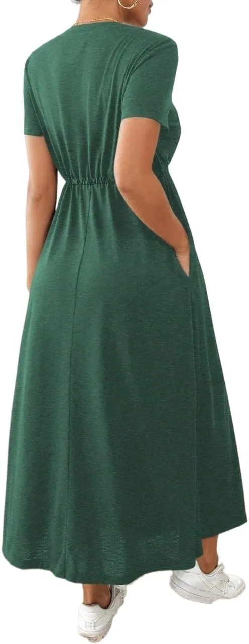 Женское повседневное платье миди с завязкой на талии, Dark Green — фото 2