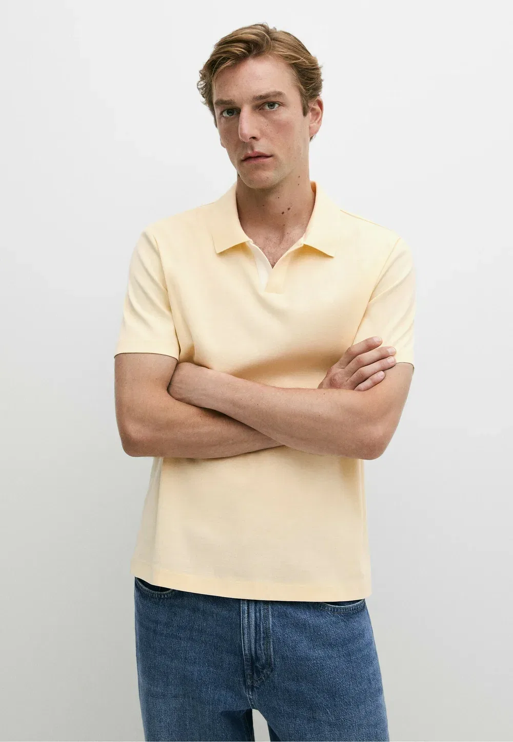 Рубашка-Поло с коротким рукавом и V-образным вырезом - рубашка-поло Massimo Dutti, Light Yellow