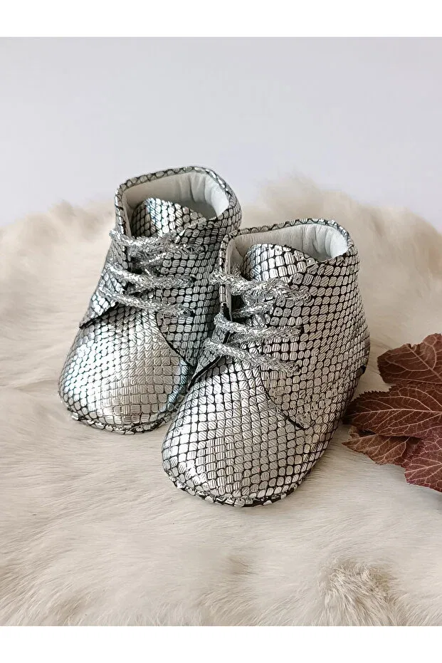 Детские пинетки для девочек из натуральной кожи Silver printed genuine leather baby booties Hodore, Silver Printed