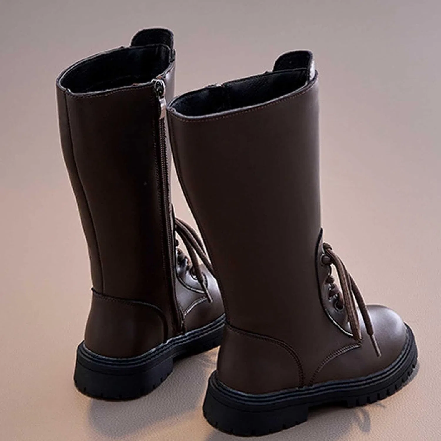 Детские ботинки для девочек с принтом, модель Girls Knee Length Boots Mid Calf Riding Boots PU Leather Zipper Punk Goth Boot Fall Winter Bowknot Combat Boot Little Big Kid, Brown — фото 4