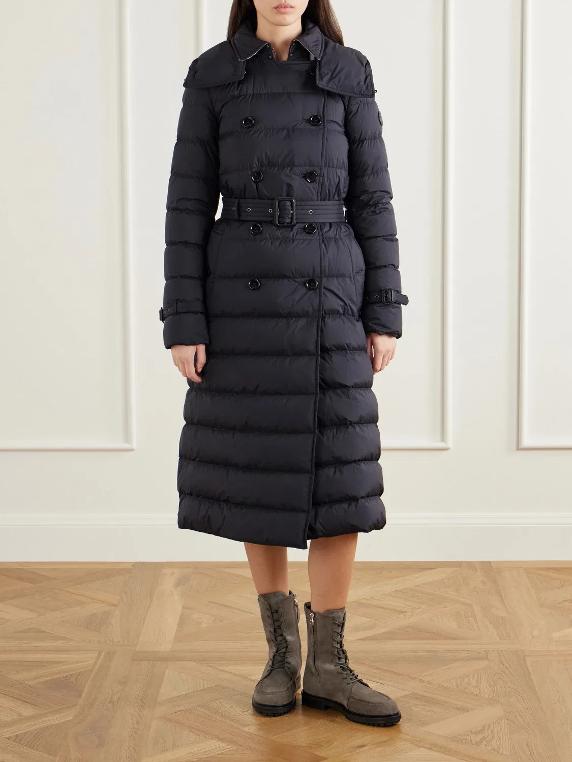 Пальто из стеганой ткани с поясом, двубортное, с подкладкой Burberry, черный — фото 3