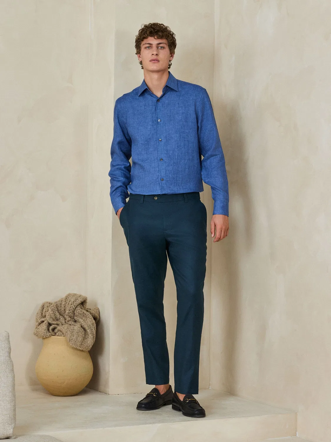 Next Темно-синие смарт-брюки приталенного кроя Motionflex Linen TENCEL из смеси лиоцелла — фото 2
