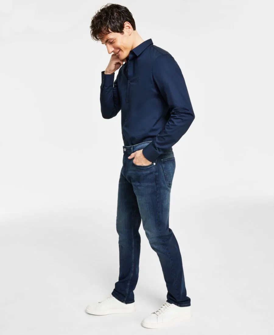 Джинсовая куртка-тракер, лонгслив с логотипом и джинсы в комплекте Calvin Klein, Boston Blue — фото 2