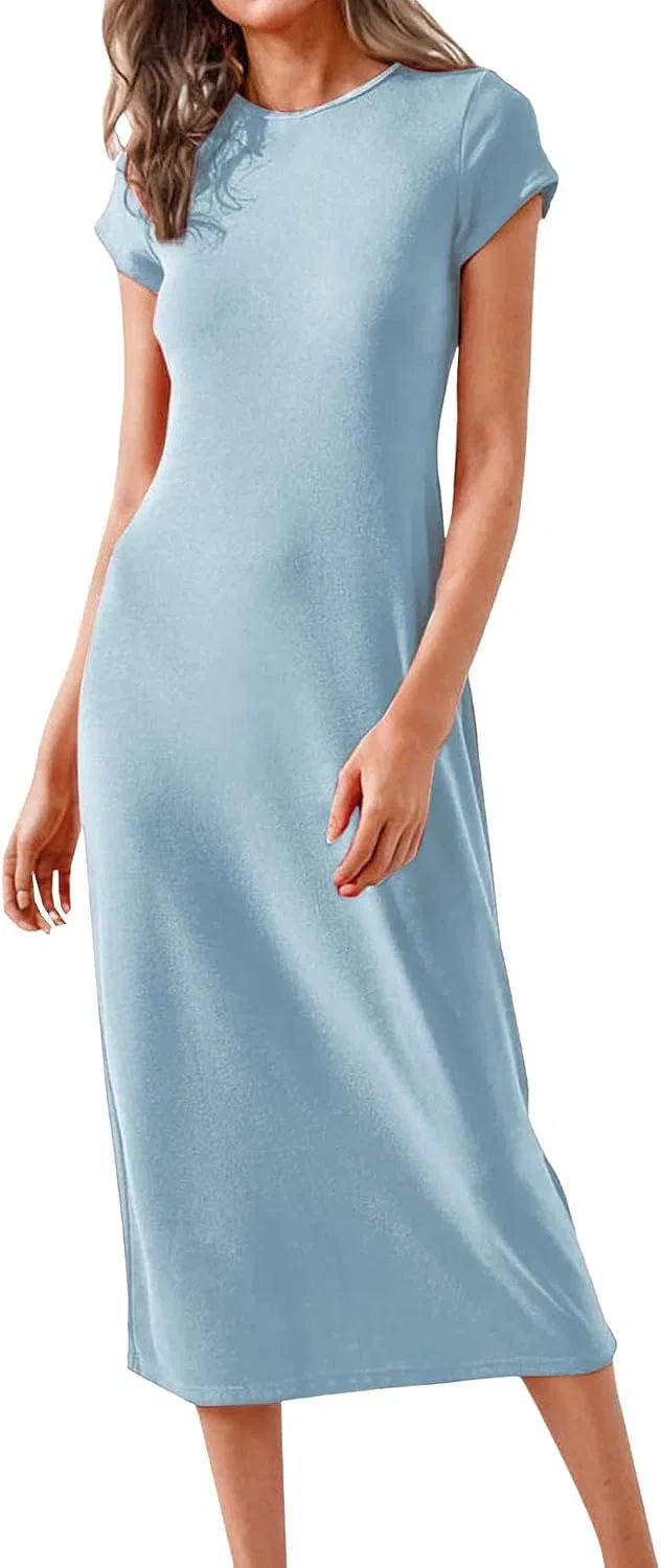 Женское летнее платье-футболка макси с коротким рукавом, Light Blue