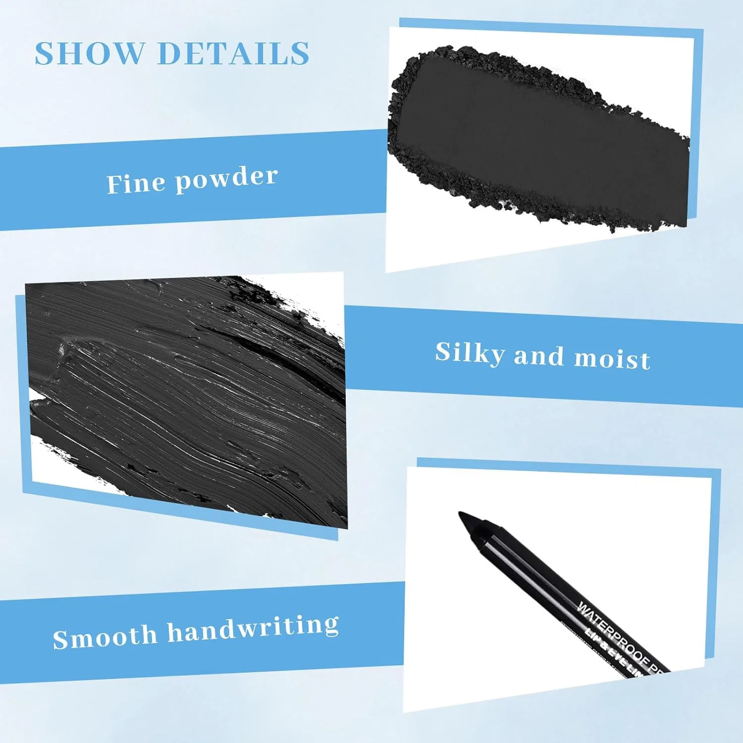 Набор для макияжа Smokey Eyes с палеткой теней, жидкой помадой, подводкой и карандашом, Ruispeed, 4 мл, Black — фото 3