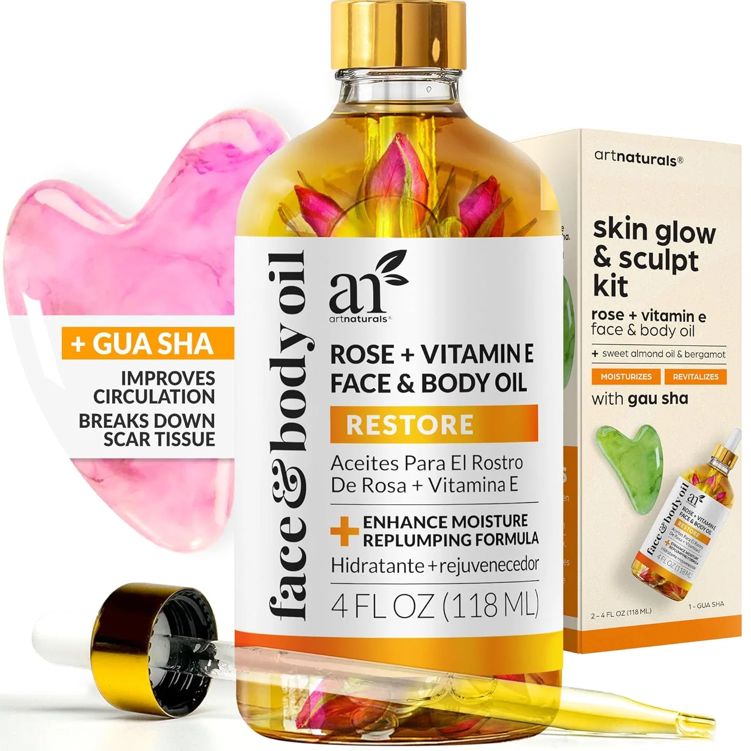 Масло для лица и тела с витамином E и набор для гуаша, Artnaturals, 4 oz