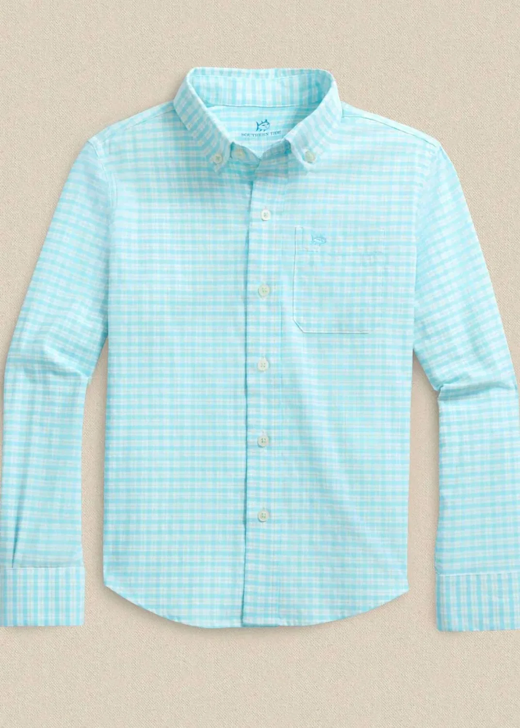 Детская рубашка для мальчиков с длинным рукавом в клетку Precheck Plaid Coastal Sport SOUTHERN TIDE, Tropical Breeze Blue