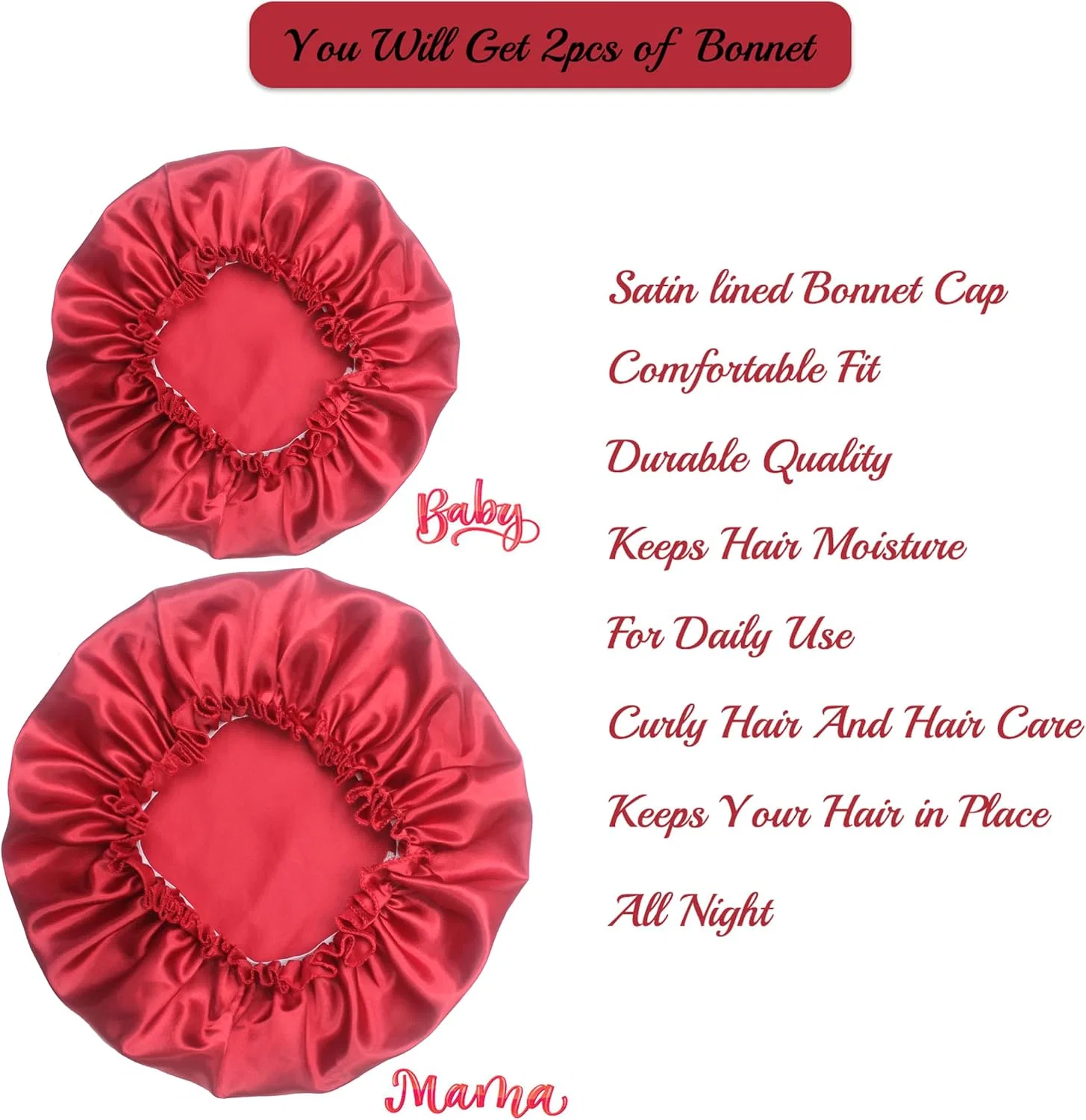 Набор шапочек для душа из сатина, SweetEver, 2 шт., 31/25 см, Wine Red — фото 3