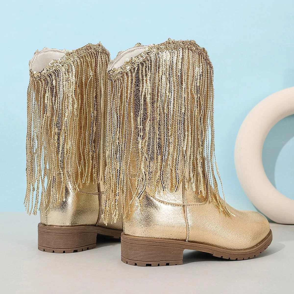 Детские зимние сапоги для девочек с кисточками и пайетками Princess Boots Auhoho, Gold — фото 4