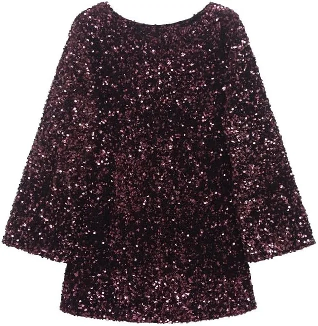 Платье с круглым вырезом и пайетками, бант, Casual, Dark Purple